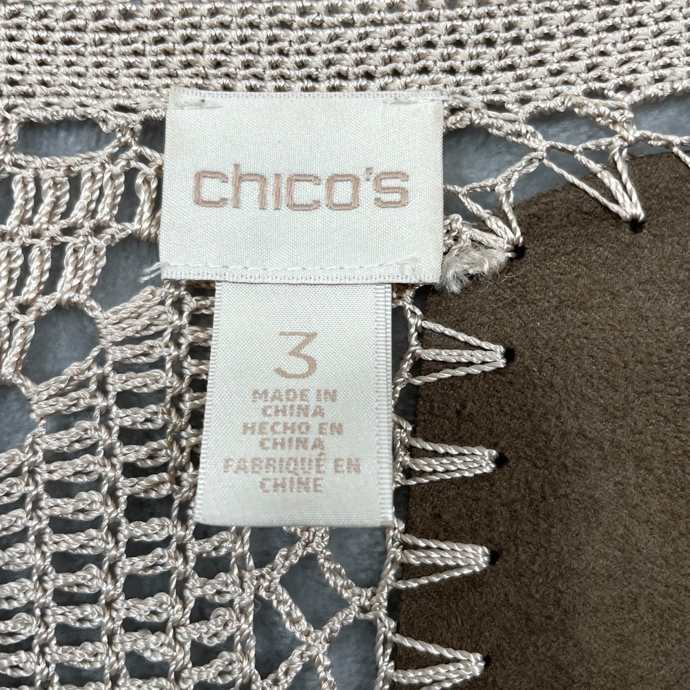 Chicos Crochet Size 3/XL Patchwork Cardigan Longline Faux Suede Beige Brown Boho - Picture 3 of 7